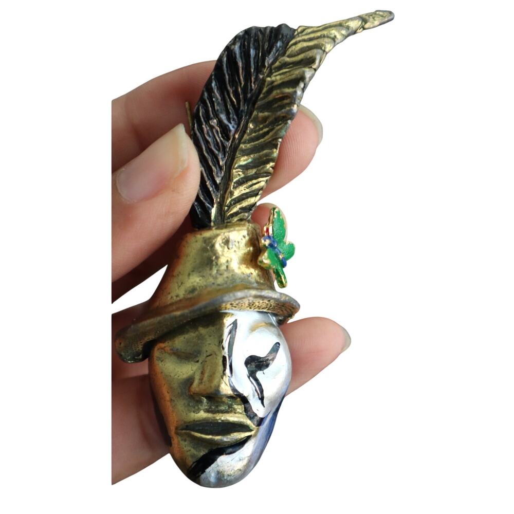 Vintage 70s Lee Menichetti Masquerade Mask Brooch Gold & Silver Tone Pendant